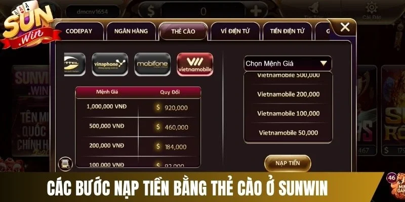 Các bước nạp tiền bằng thẻ cào ở Sunwin